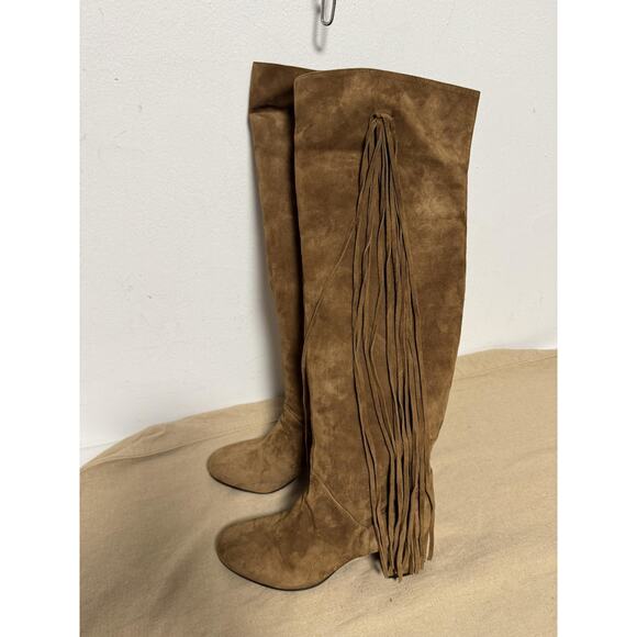 Diane B Boots Womens Size 9 Tan Suede Over Knee Fringe Made in Italy Block Heel - Picture 1 of 16